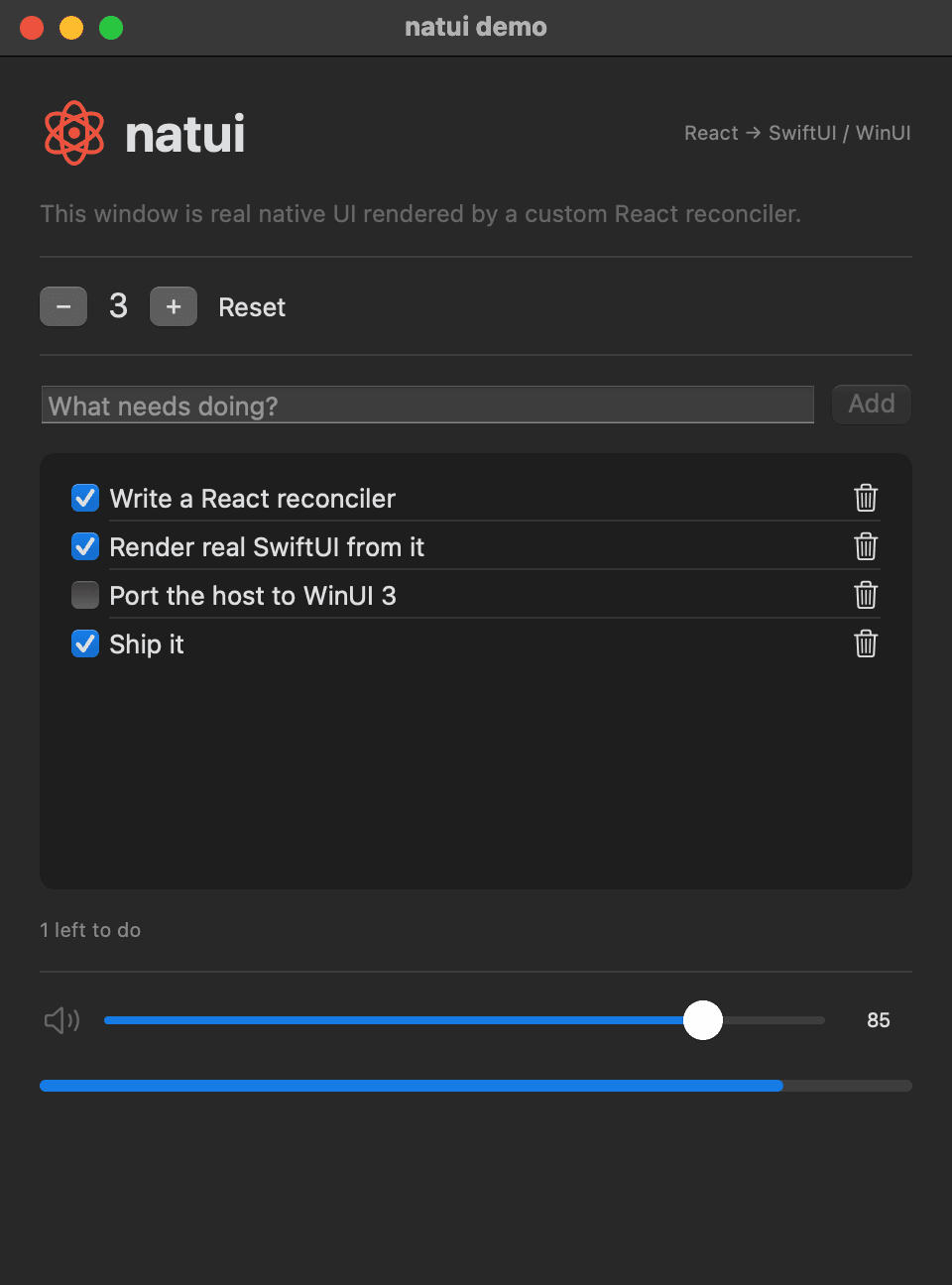 The matching NatUI demo rendered with SwiftUI on macOS